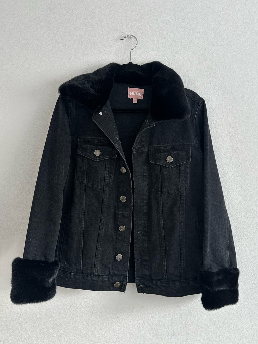 Show Me Your MuMu Black Denim Jacket Faux Fur Collar Trim Size XS 100% Cotton